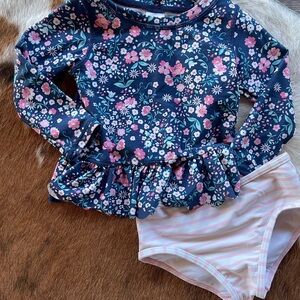 Ruffle Butts Navy Floral Long-Sleeve Swim Set with Pink Striped Bottom